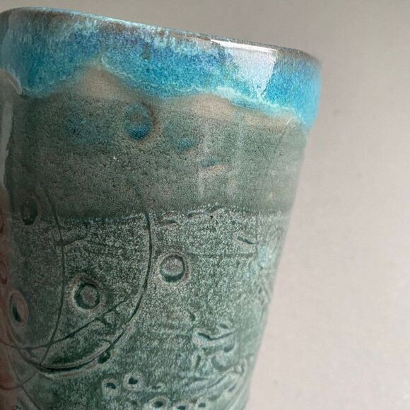 Vintage Handmade Glazed Sea-foam Turquoise Teal Sand Pottery Vase, 4.5”H x 3.5”W - Picture 6 of 7